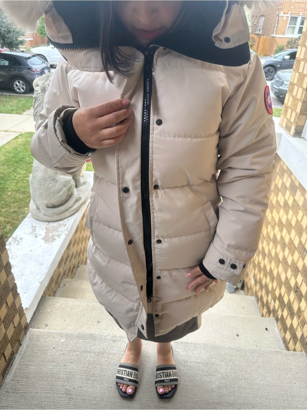Canada Goose Light Beige Women's Down Puffer Coat with Fur-Trim Hood - Picture 5 of 11